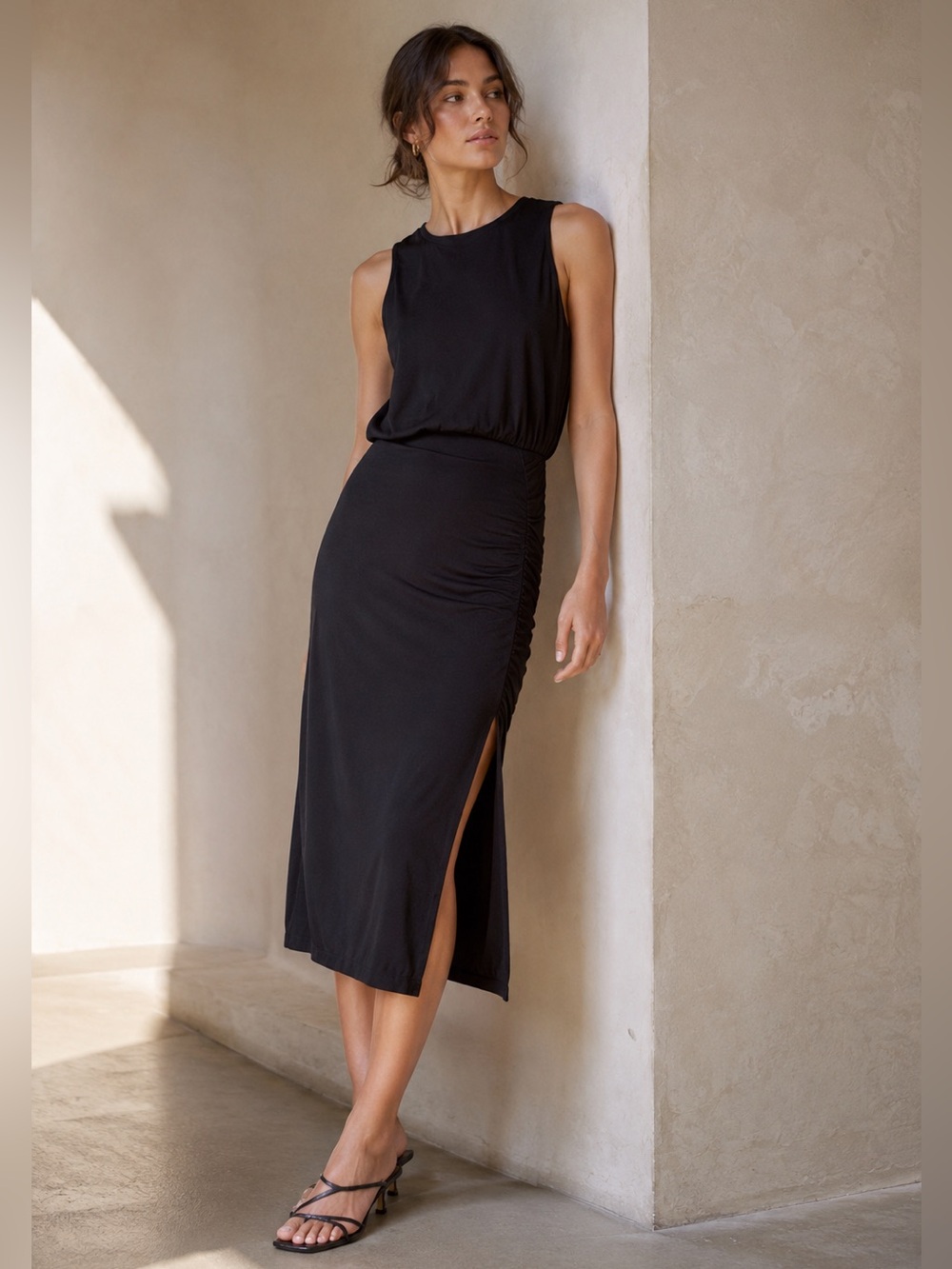 Anthropologie Sz LG Nighttide Midi Dress by Adelyn Rae Black, Side Split